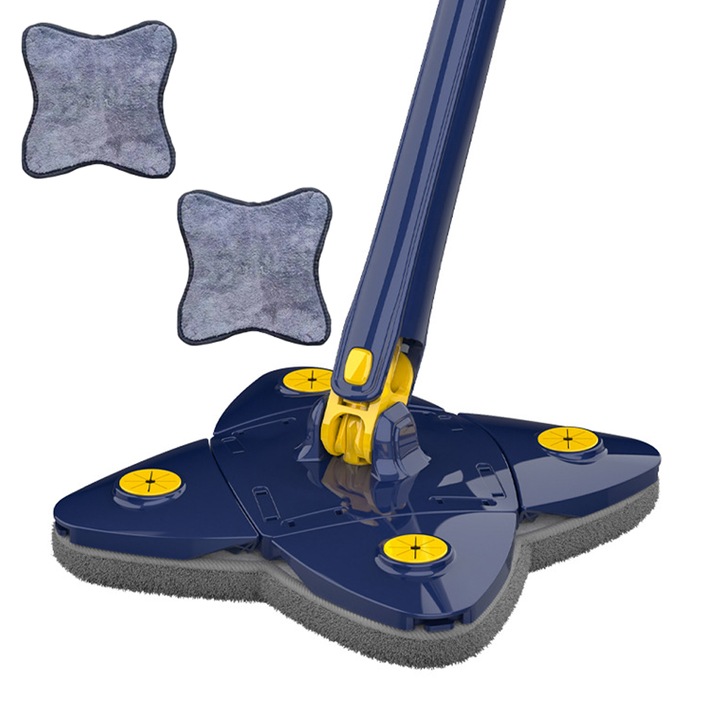 Mop cu Cap in Forma de Stea Teno®, rotire 360 grade, telescopic, curatare usoara, 2 lavete incluse, 123 cm, albastru/galben