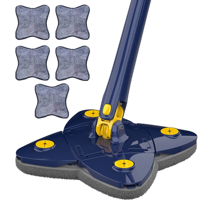 Mop cu Cap in Forma de Stea Teno®, rotire 360 grade, telescopic, curatare usoara, 5 lavete incluse, 123 cm, albastru/galben