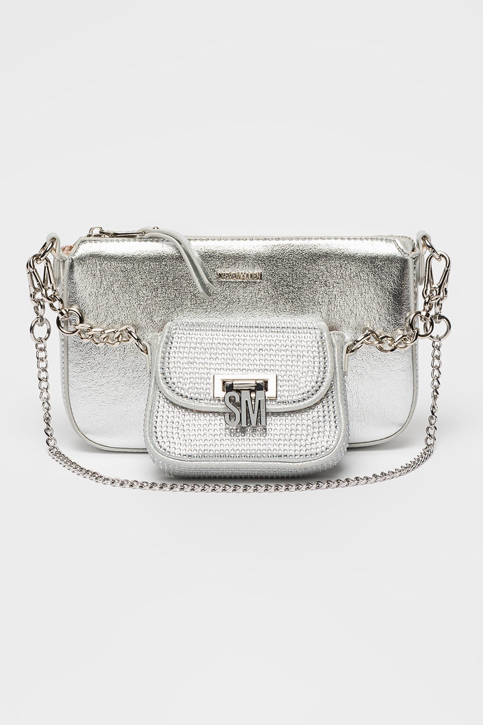 Steve Madden, Geanta crossbody cu etui cu strasuri Naim, Argintiu