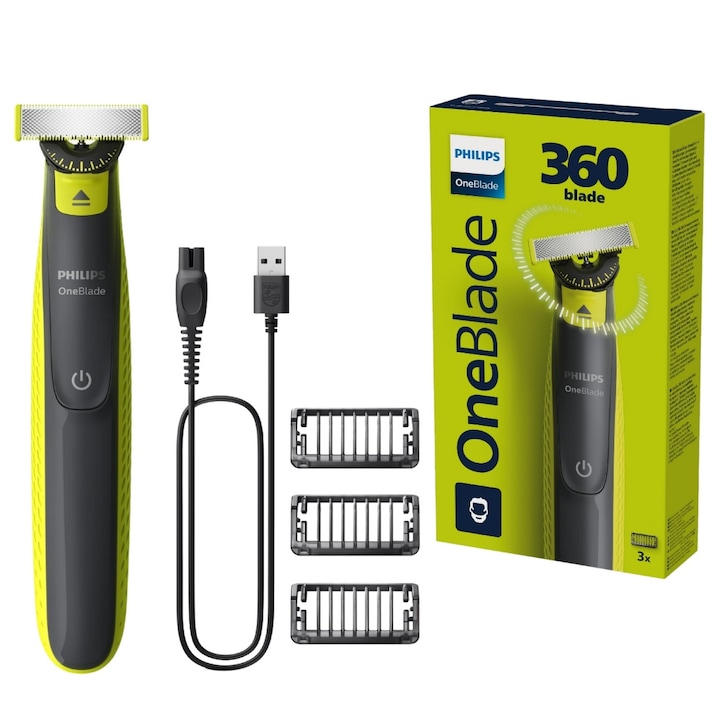 Тример Philips OneBlade QP2724/23, 360-градусово острие, Технология OneBlade, Автономност 45 мин, Черен/Жълт