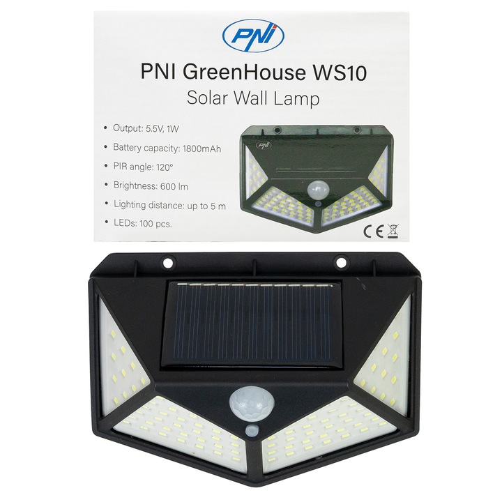 Lampa solara LED PNI GreenHouse WS10, 100 LED-uri, 600 lm, unghi PIR 120 grade, acumulator 1800 mAh, montaj pe perete