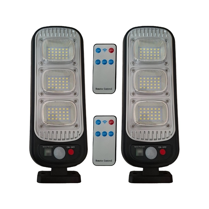 Комплект от 2 лампи със соларен заряд 72 LED SMD, NEXTLY, сензор за движение и светлина, 3 режима на работа, включено дистанционно управление, водоустойчивост, за на открито, черни