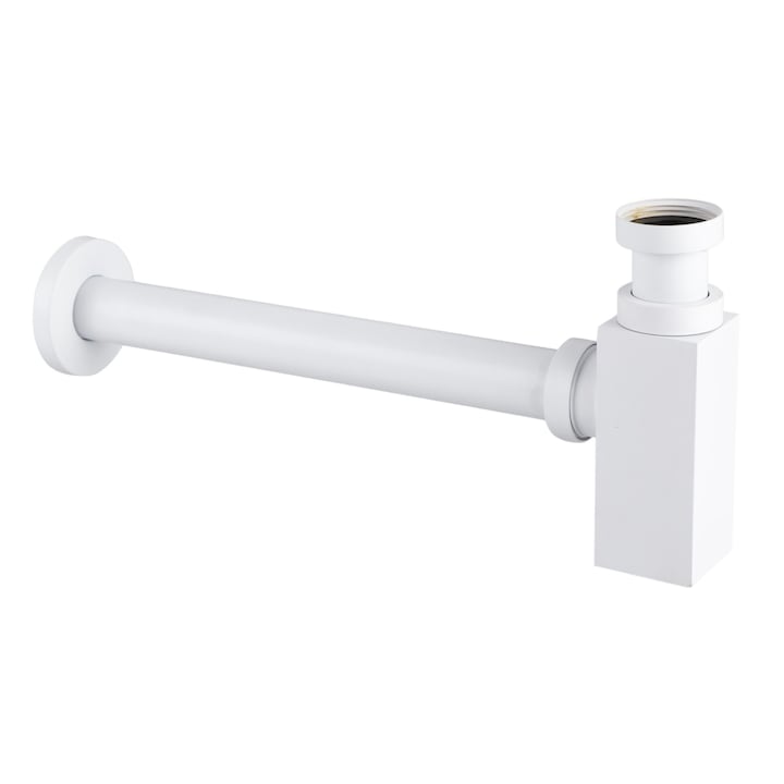 Сифон за мивка, Balneo, квадратен месинг, диаметър G1 1/4 лесно почистване на дъното, 100% устойчив на корозия, пълен монтажен комплект, бял