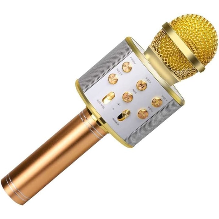 Microfon Karaoke pentru copii, OnePepito X9, Bluetooth, Lumina RGB, Functie Efecte voce, roz
