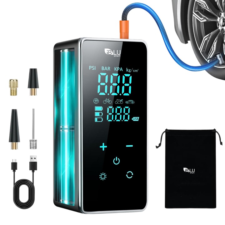 Авто компресор 6 in 1 iBLU smart, Преносим, Дигитален, Мултифункционален, LED фенерче, Power Bank функция, 3600mAh батерия, Пълен сензорен LED екран, 101-150PSI, 12V, Автоматично изключване, 4 режима, 4 глави и чанта, USB-C, 45W, 410g, Черен