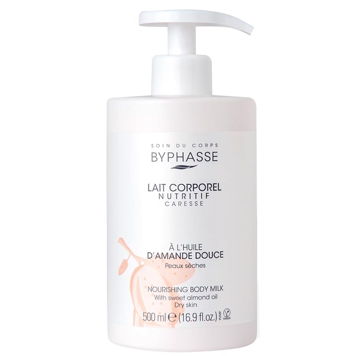 Testápoló tej, Byphasse, édes mandulaolajjal, táplálja és puhítja a száraz bőrt, pumpával, 500 ml