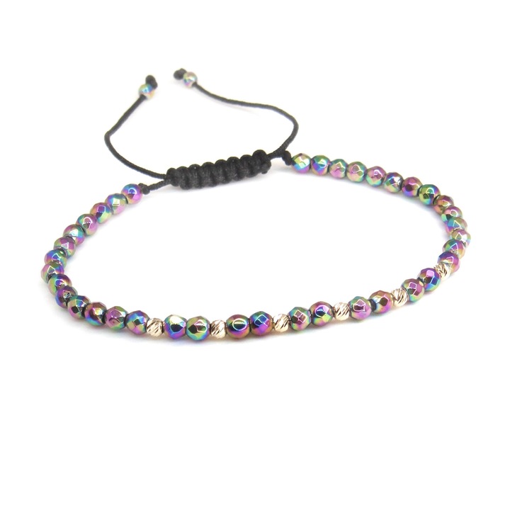 Bratara reglabila cu pietre hematit multicolor de 4 mm si 6 bile aur 14k de 2.5 mm