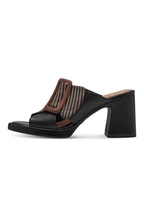 Tamaris, Papuci cu toc, din piele si material textil, Negru/Maro