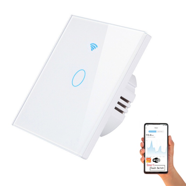 Intelligens érintőkapcsoló, vezeték nélküli, VisionHub, Wi-fi, 1 csatorna, Secure Glass, kompatibilis iOS/Android, Tuya, Amazon Alexa/Google Asszisztens, Fehér