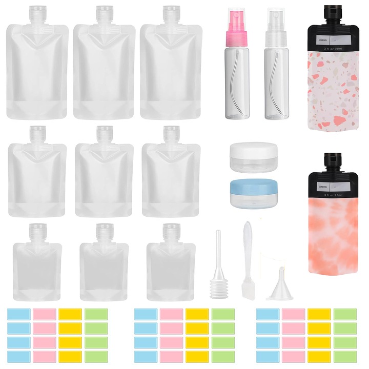 Set de 21 bucati de pungi de calatorie, sticle pentru articole de toaleta, kit de recipiente portabile de dimensiuni de calatorie, punga verticala, accesorii de calatorie reincarcabile pentru cosmetice, sampon, balsam, lotiune, sapun lichid