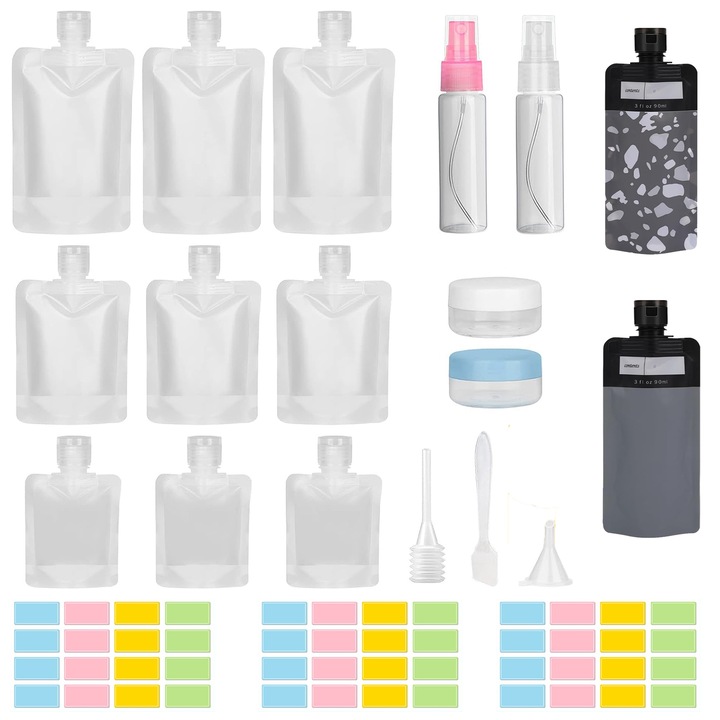 Set de 21 bucati de pungi de calatorie, sticle pentru articole de toaleta, kit de recipiente portabile de dimensiuni de calatorie, punga verticala, accesorii de calatorie reincarcabile pentru cosmetice, sampon, balsam, lotiune, sapun lichid
