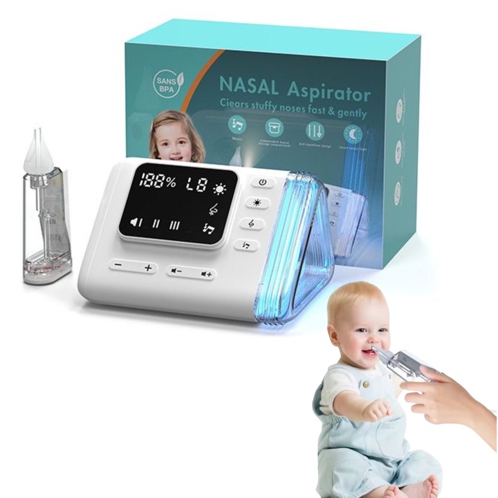 Aspirator Nazal Electric Digital e-Wantay®, Profesional, LED, pentru Bebelusi si Copii – 9 Trepte de Absorbtie, Rezervor mare de stocare a secretiilor, Display generos, Curata Caile Nazale cu Melodii Linistitoare, Baterie 1800 mAh, Mod nocturn