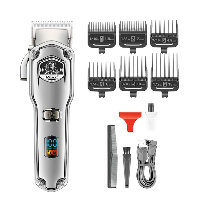 Masina de tuns VGR V-693, 7W, fara fir, cu incarcare USB, afisaj LCD, 6 distantiere, argintie