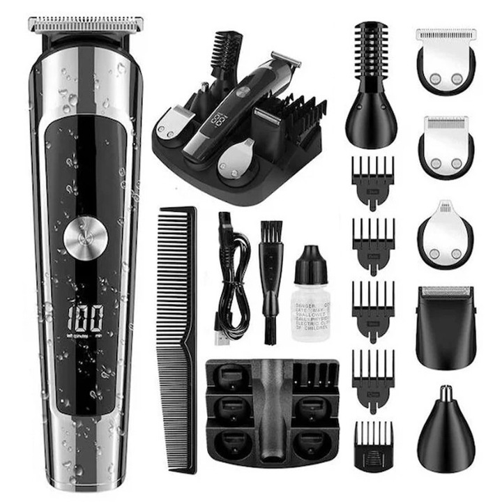 Masina de tuns si aparat de ras Xenomo® PRO TRIM, Multifuncionala 6 in 1, pentru tuns, ras, contur, pentru corp, inghinal, barba, nas, Rezistenta la apa, Led indicator baterie, Afisaj digital