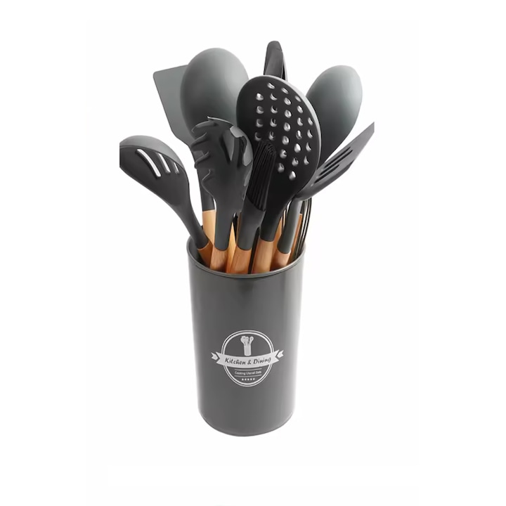 Set de 12 bucati de ustensile de bucatarie din lemn si silicon alimentar premium, termorezistente, antiaderente