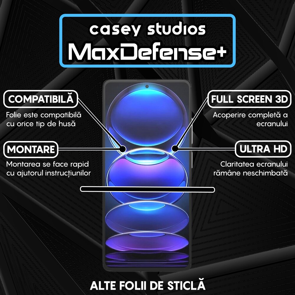 Folie Sticla CASEY STUDIOS™ compatibila cu Xiaomi Redmi Note 12 Pro 5G / Xiaomi Redmi Note 12 Pro 4G / Redmi Note 12 Pro+, Full Cover 3D, Full Glue, Ultra HD, Anti Zgarieturi, Anti Amprente, Anti Socuri, Margini Negre