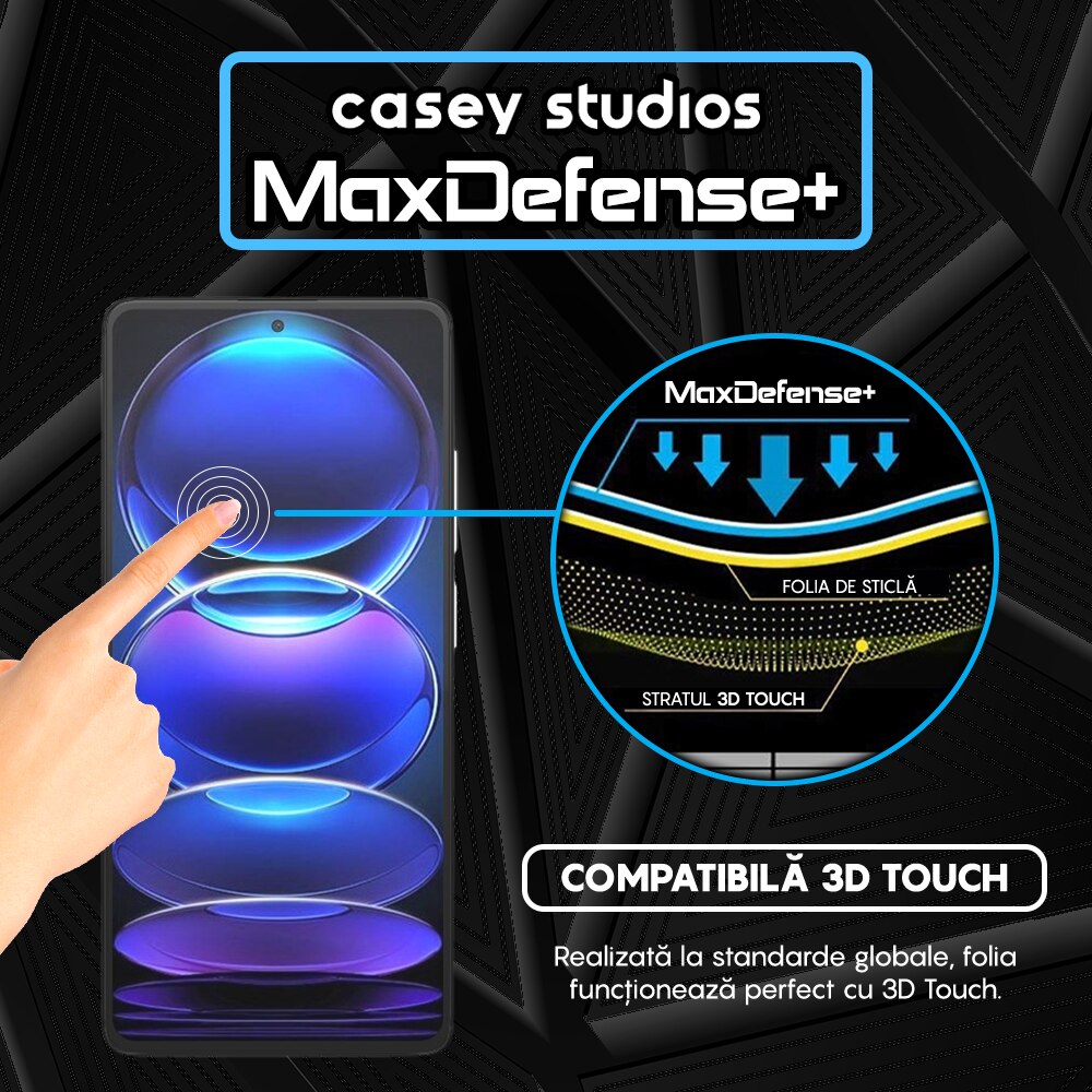 Folie Sticla CASEY STUDIOS™ compatibila cu Xiaomi Redmi Note 12 Pro 5G / Xiaomi Redmi Note 12 Pro 4G / Redmi Note 12 Pro+, Full Cover 3D, Full Glue, Ultra HD, Anti Zgarieturi, Anti Amprente, Anti Socuri, Margini Negre