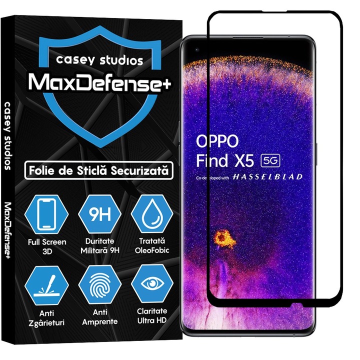 Протектор CASEY STUDIOS, Съвместим с Oppo Find X5 Pro, Full Glue, Ultra HD, Anti-Scratch, Anti-Fingerprints, Anti-Shock, Стъкло, Черен