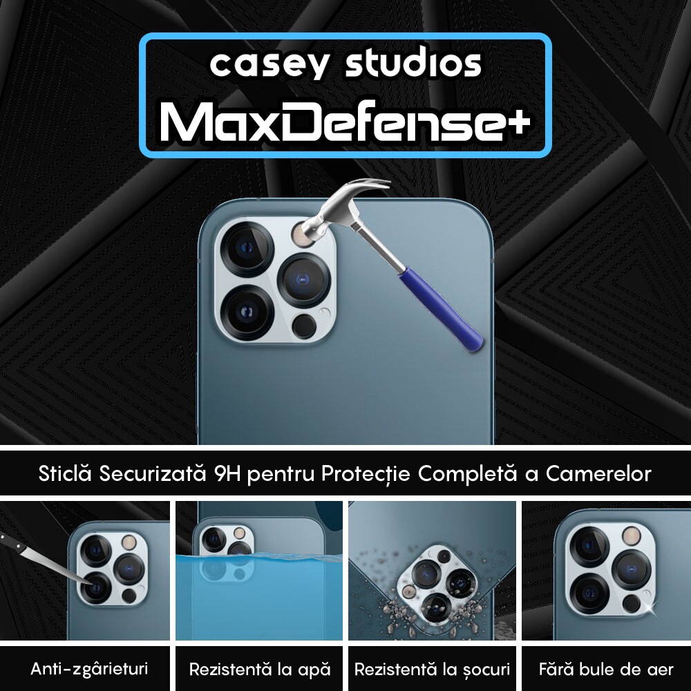 Set 2x Folie Sticla Camera compatibil cu iPhone 12 Pro, CASEY STUDIOS™ MaxDefense+, Duritate 9H, Full Cover, Anti Zgarieturi, Ultra HD, Protectie Profesionala Camere 3D, Anti Zgarieturi, Anti Socuri