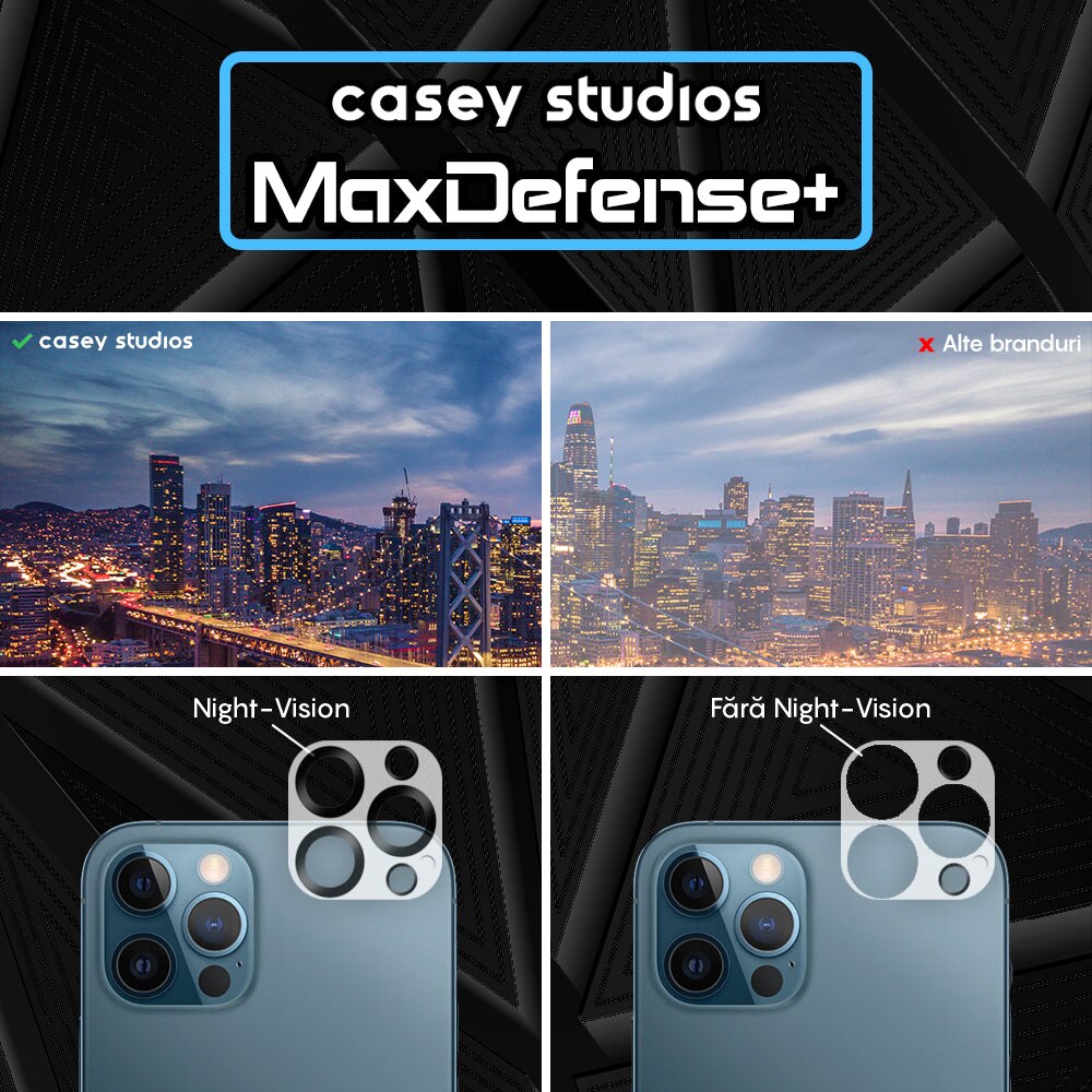 Set 2x Folie Sticla Camera compatibil cu iPhone 12 Pro, CASEY STUDIOS™ MaxDefense+, Duritate 9H, Full Cover, Anti Zgarieturi, Ultra HD, Protectie Profesionala Camere 3D, Anti Zgarieturi, Anti Socuri