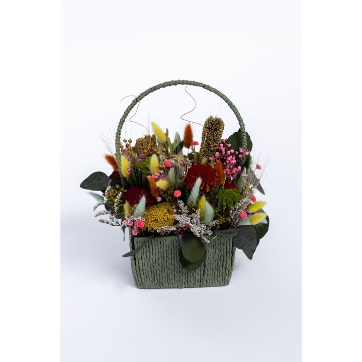 Aranjament cos verde mare, baza: 15 cm, inaltime: 34 cm, cromatica: verde, roz, portocaliu, galben