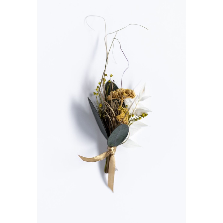 Floare de piept nunta din flori naturale uscate, verde, natur, panglica maro saten