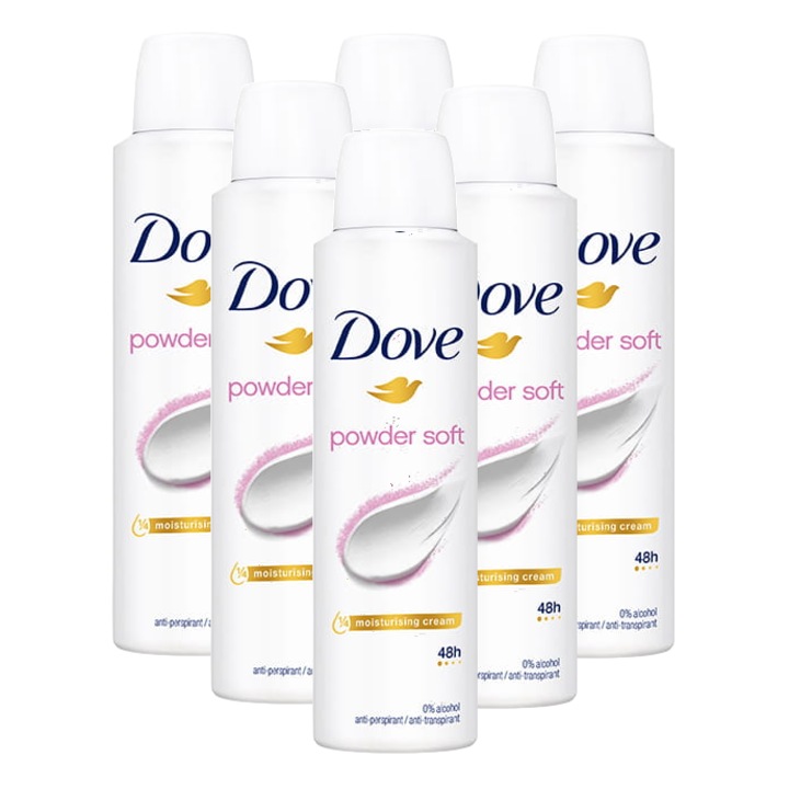 Deodorant spray femei Dove Powder Soft, 48h protectie, 6 x 150 ml