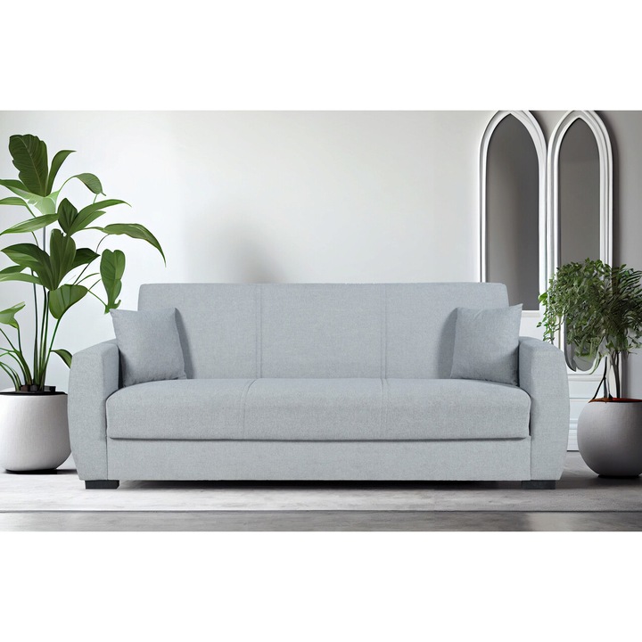 Canapea extensibila Oscar, 226x84x92 cm, 3 locuri, lada de depozitare, Gri deschis