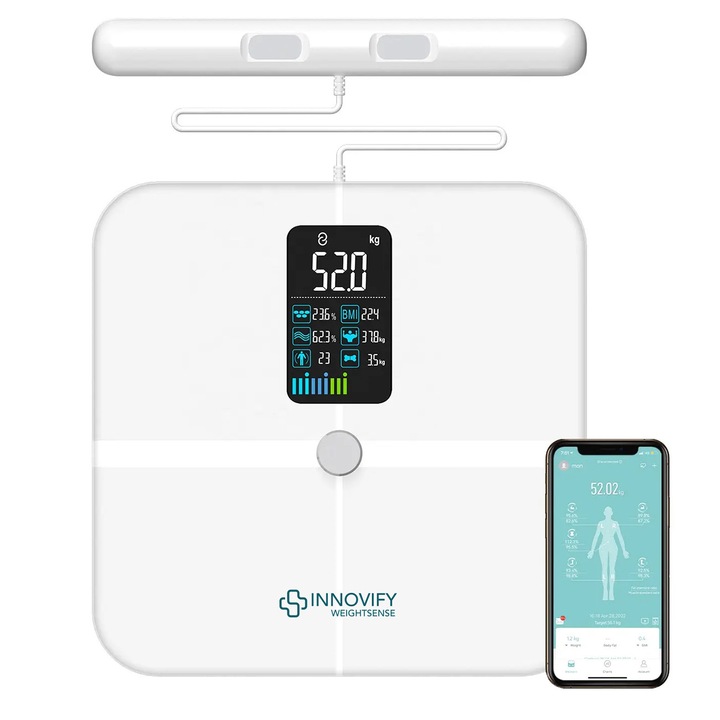 Modern intelligens mérleg Innovify™, 8 szenzoros elemzés, 28 testmutató, intelligens kijelző, BMI, Bluetooth, memória, iOS és Android alkalmazás, fejlődéstörténet az idő múlásával, fehér