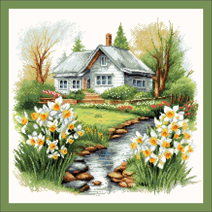 Goblen Casuta cu narcise, Rogoblen - kit cu panza imprimata si ate, fire mouline, 20 x 20 cm