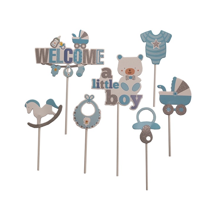 Set 7 buc. topper, albastru, alb, argintiu, cu sclipici, 19×12.5 cm, baby, PPQT8003