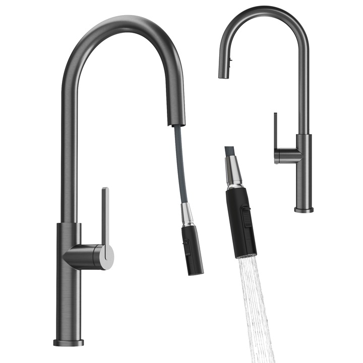 Смесител за кухня, Гранитан, Прати, с разтегателен разпръсквач, висок, двойна функция, въртящ се, керамична глава, 53 см, Сив