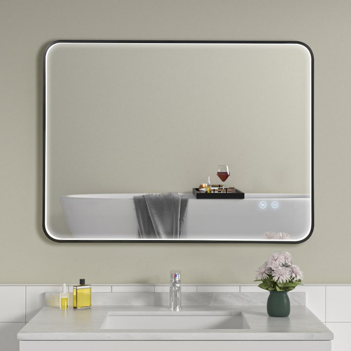 Oglinda Baie Premium, Iluminare LED cu Touch, Sistem Dezaburire, Reversibila, Rama Neagra 60x80cm