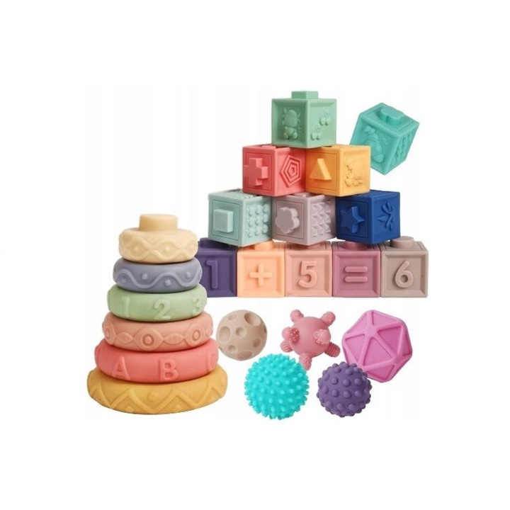 Комплект бебешки сензорни кубчета, мека гума, 24 части, различни форми, подреждащи се, изграждане, безопасно за дъвчене, 6 месеца+, многоцветни