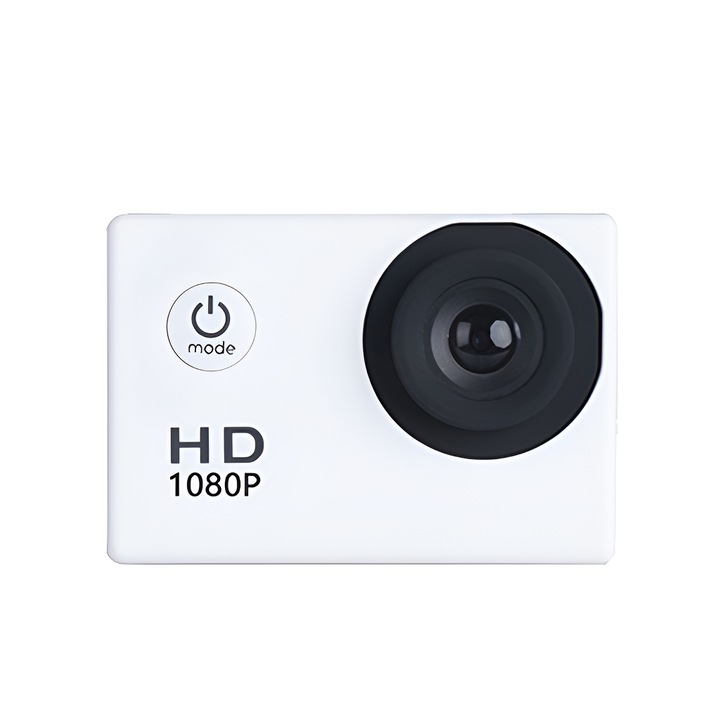 Спортна камера с водоустойчив корпус, 170° ултра широк ъгъл, 2" HD екран, множество формати за запис на видео, USB зареждане, компактна и лека, бяла