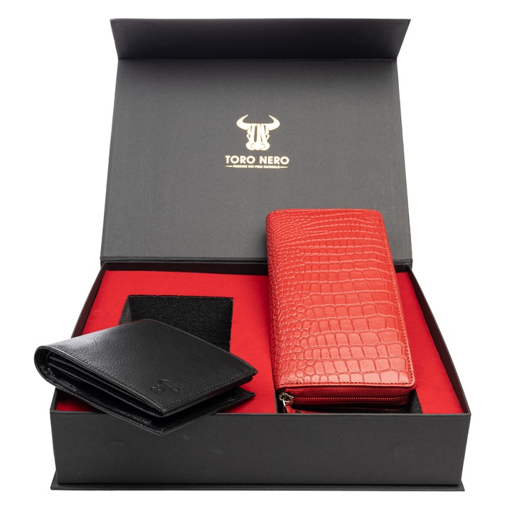 Set portofel dama si portofel barbati, piele naturala, rosu, Gia-Muselles