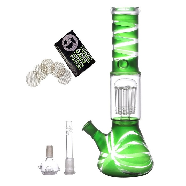 Bong din sticla borosilicata, filtrare 10-brate, verde, 34cm, set 5 site, 530g