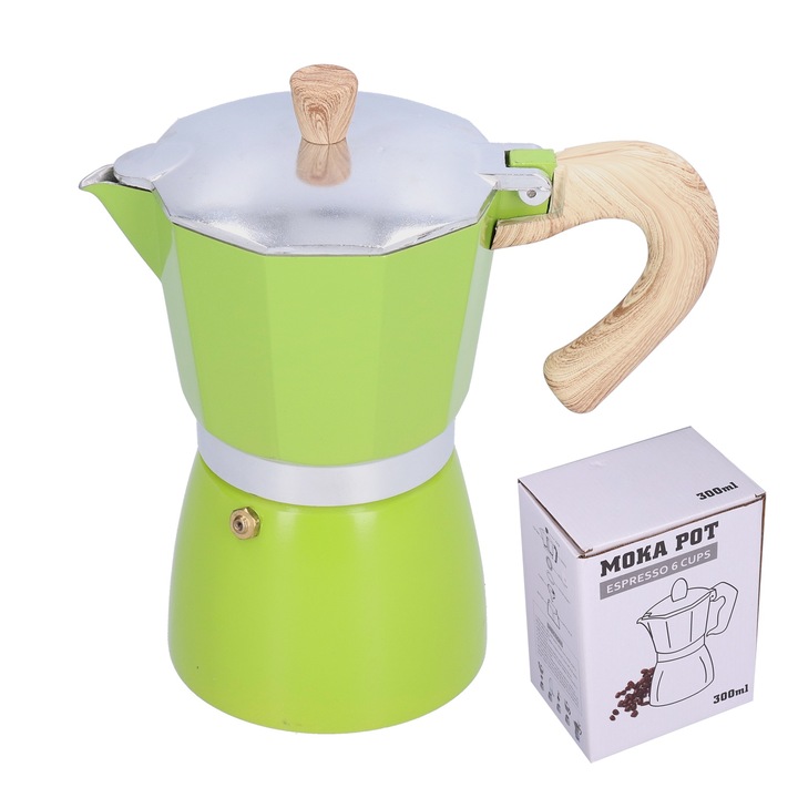 Moka kávéskanna, QttvbTna, alumínium, ergonomikus fogantyú, 300 ml, zöld/bézs