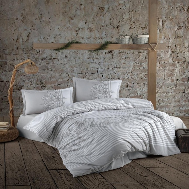 Dupla ágynemű, 100% ranforce pamut, 4 db, 240 x 260 cm, csíkok és virágok, Ralex Pucioasa, Latina