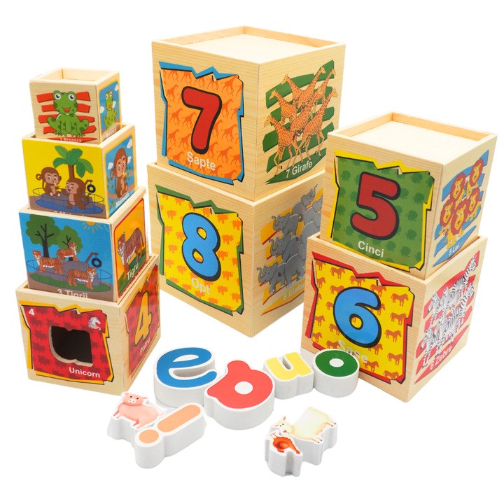 Монтесори образователни кубчета с форми, цифри и животни, Onore, многоцветни, дърво, 14 x 14 x 14 cm, 16 части