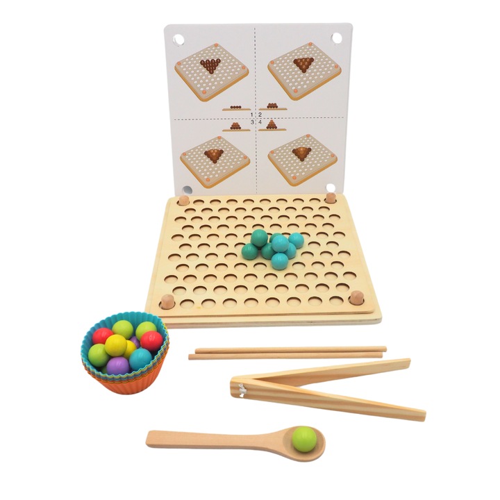 Joc educativ Montessori de construit forme cu bilute, Onore, lemn si plastic, multicolor, 22 x 22 cm, 40 piese