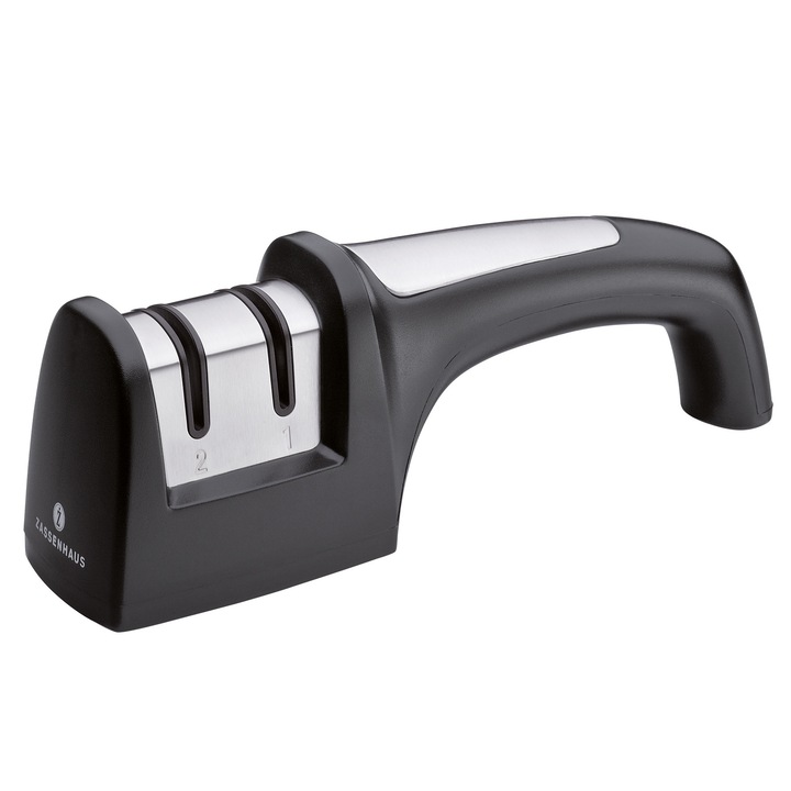 Késélező ZASSENHAUS, Két fokozatú élezéssel, Inox/Műanyag, 5,5x20,5x7 cm