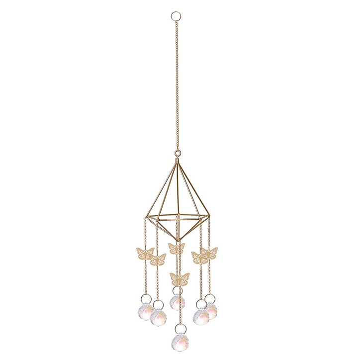 Sun Catcher dekorációs kiegészítő, QttvbTna, prizma kristály, arany fém keret, szivárvány hatású, tarka, 9x43cm