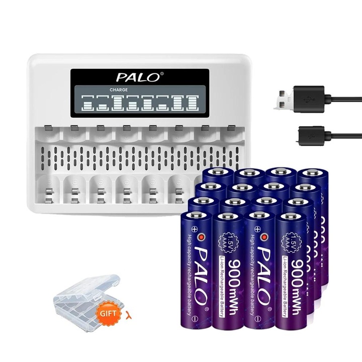 Set incarcator si baterii AAA Li-Ion, 900mWh, 8 sloturi, ecran LCD, 16AAA