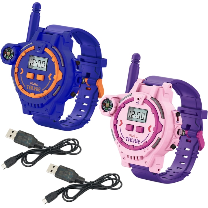 Walkie Talkie gyermekórák, újratölthető, TopGearWorld®, műanyag, 3 év feletti, kék/rózsaszín