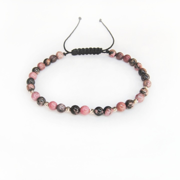 Bratara reglabila cu pietre semipretioase rodonit si 6 bile aur 14k de 2.5 mm