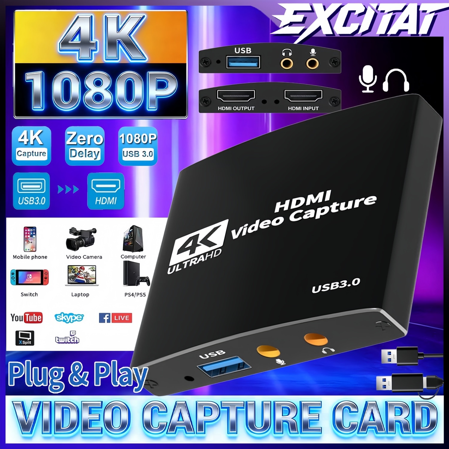 Placa de captura audio video 4K, Excitat®, HDMI USB 3.0, Full HD 1080P ...