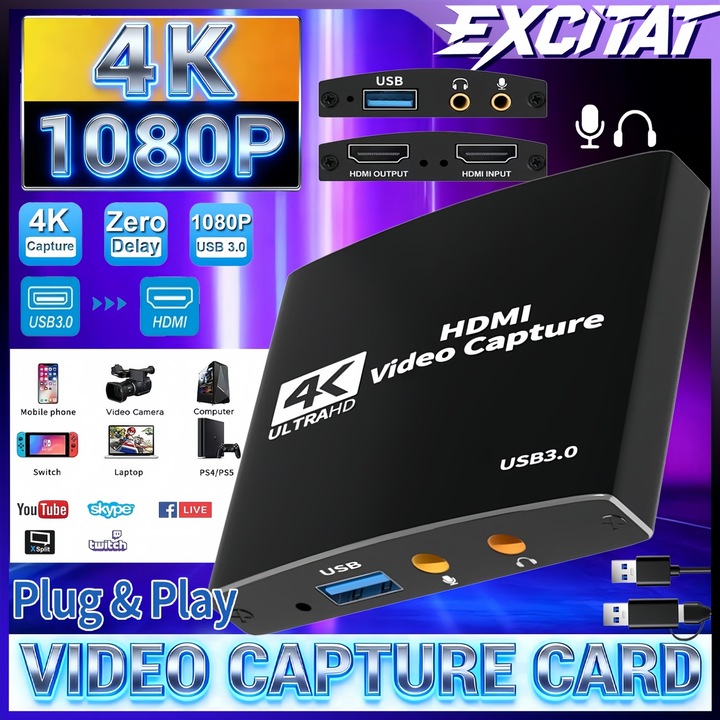 Placa de captura audio video 4K, Excitat®, HDMI USB 3.0, Full HD 1080P, 60FPS, pentru transmisie video, streaming live, console PS4/5, Switch, PC, Xbox One si Xbox 360, Negru