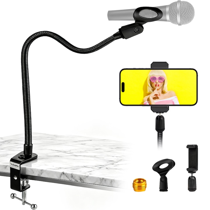 Suport Microfon, BYONDSELF®, cu Suport Telefon, 360° Reglabil, Maxima de Incarcare 1 kg, pentru Studio, Birou, Live-uri, Negru