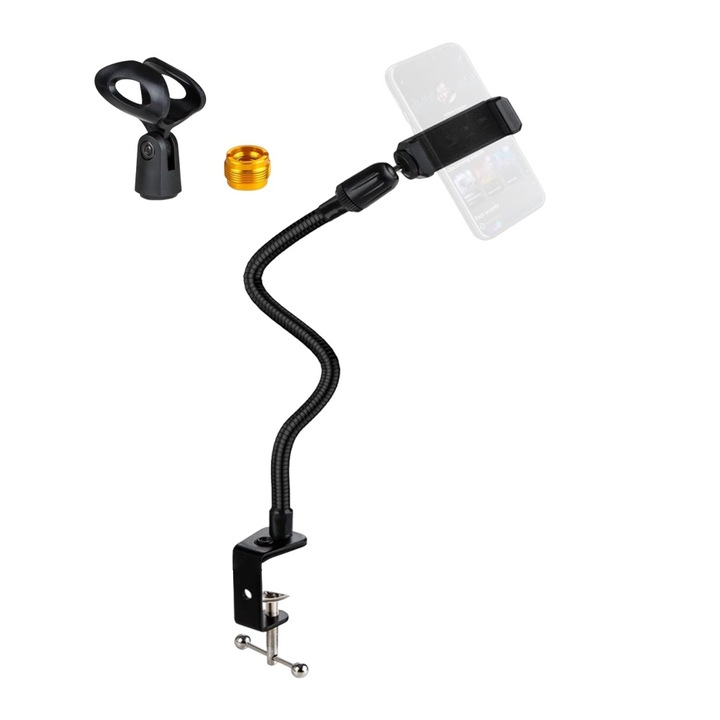 Стойка за микрофон, BYONDSELF®, с държач за телефон, регулируема на 360°, максимално натоварване 1 кг, за студио, офис, живи, черна